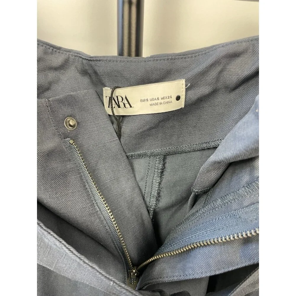 Zara Womans Tapered Cargo Pants High Rise Paperbag Sz S Blue Gray Linen‎ Blend